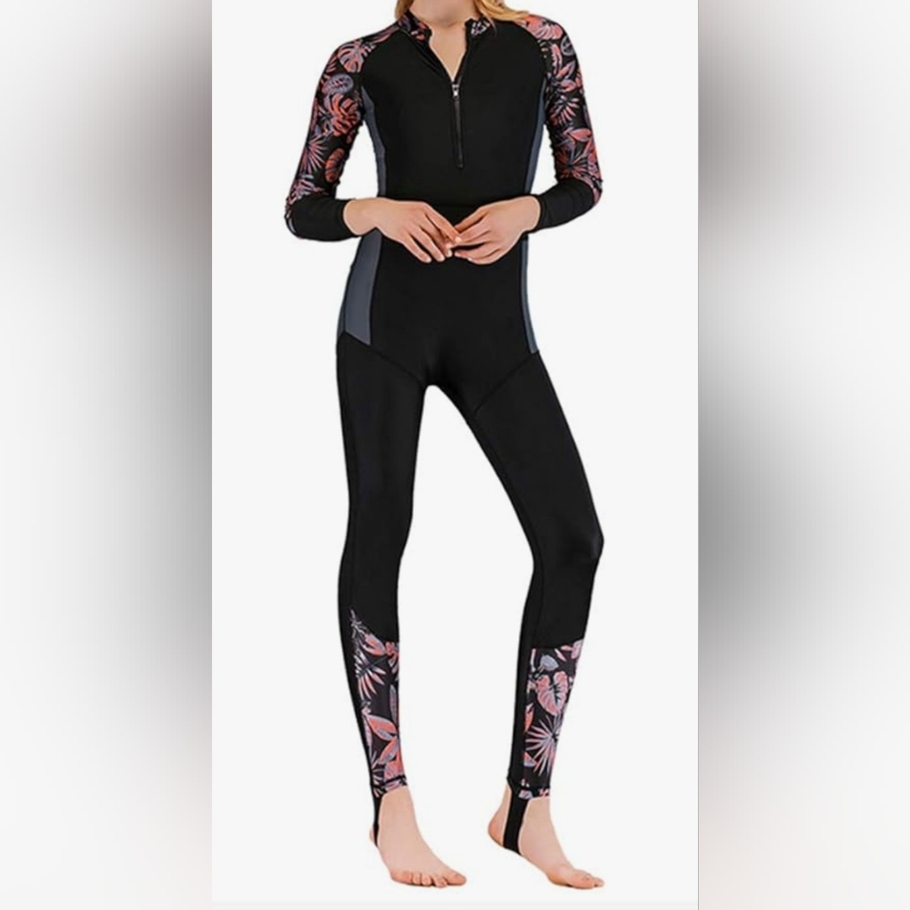 Elegant Black and Pink Floral Women's  One Piece Rash Guard Size 2X